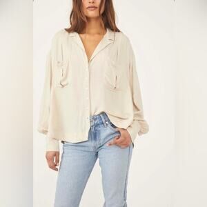 FREE PEOPLE Erin's Buttondown Jacquard Blouse in Tea (Ivory/Cream) Size S